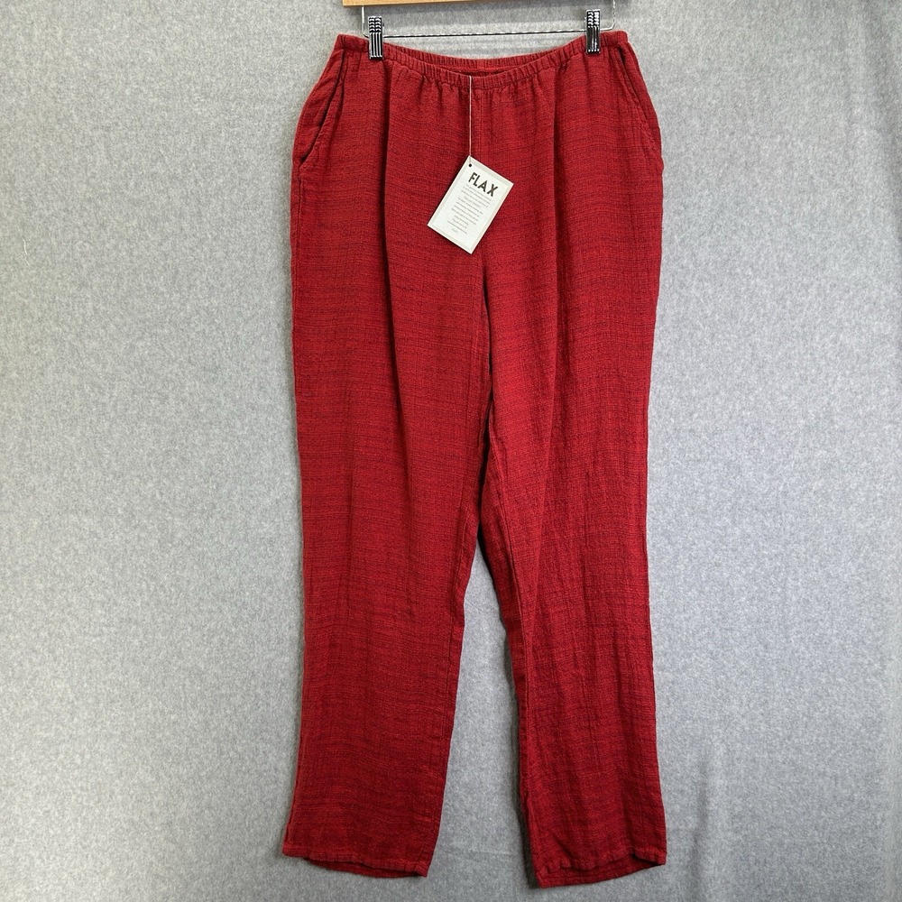 FLAX Small Linen Pants Red Gray Lagenlook Pull On Slim Straight Leg Pockets NWT